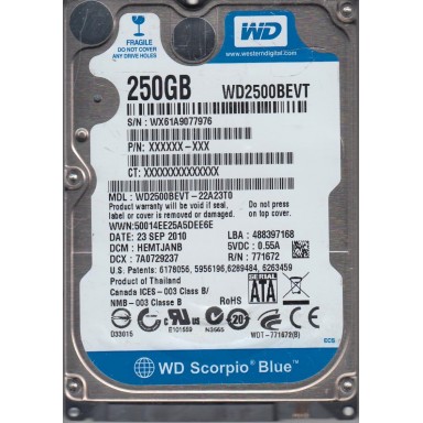 Hard Disk laptop Western Digital Scorpio Blue 250GB, 8 MB Cache, S-ATA, 2.5" 